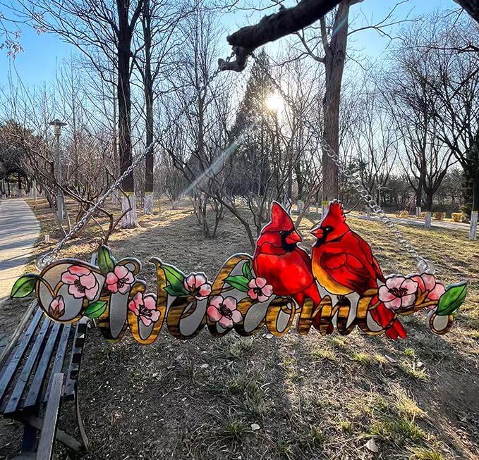 Welcome with Red Cardinal Suncatcher Red Bird Stained Glass Suncatchers Window Hanging Ornament for Home Decor Indoor Wall Art for Mother's Day Women Mom Birds Lovers Friends (Welcome)-VerdiqueGarden