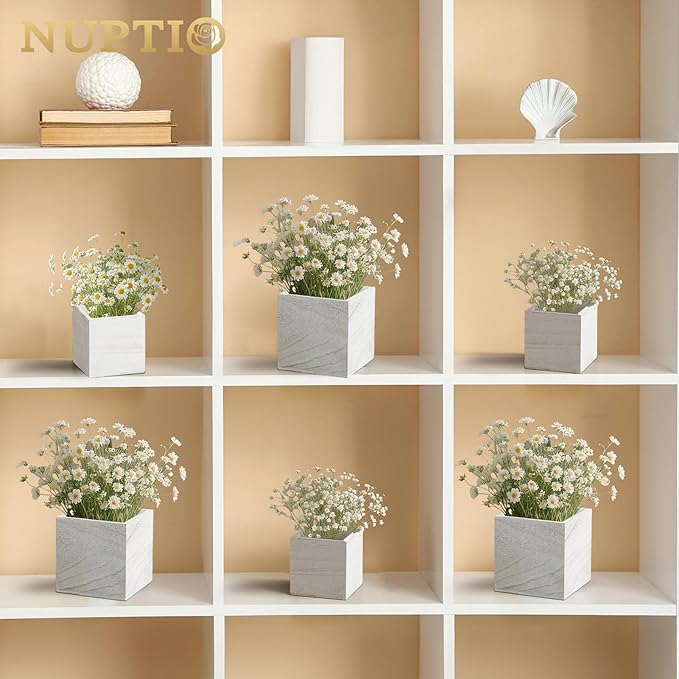 NUPTIO Wooden Box for Centerpiece Wedding: 12 Pcs Rustic Square Planter Box Farmhouse Table Fall Decor - 4×4" & 5×5" Whitewashed Small Wood Vases Flower Pots for Windowsill Home Garden-VerdiqueGarden