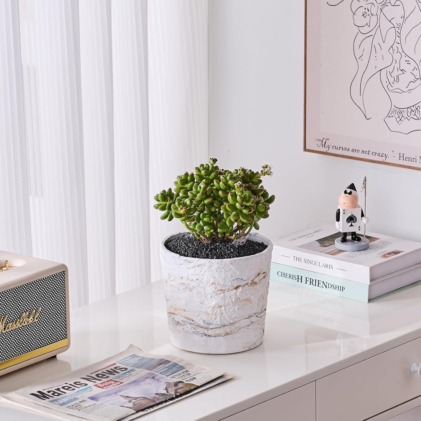 Ekirlin 7 Inch Natural Ore Textures Plant Pot, Resin Outdoor Planters with Drainage Hole, Removable Rubber Stopper and Non-Slip Soft Pad,Weatherproof Decorative Pot for Indoor/Garden Plants-VerdiqueGarden