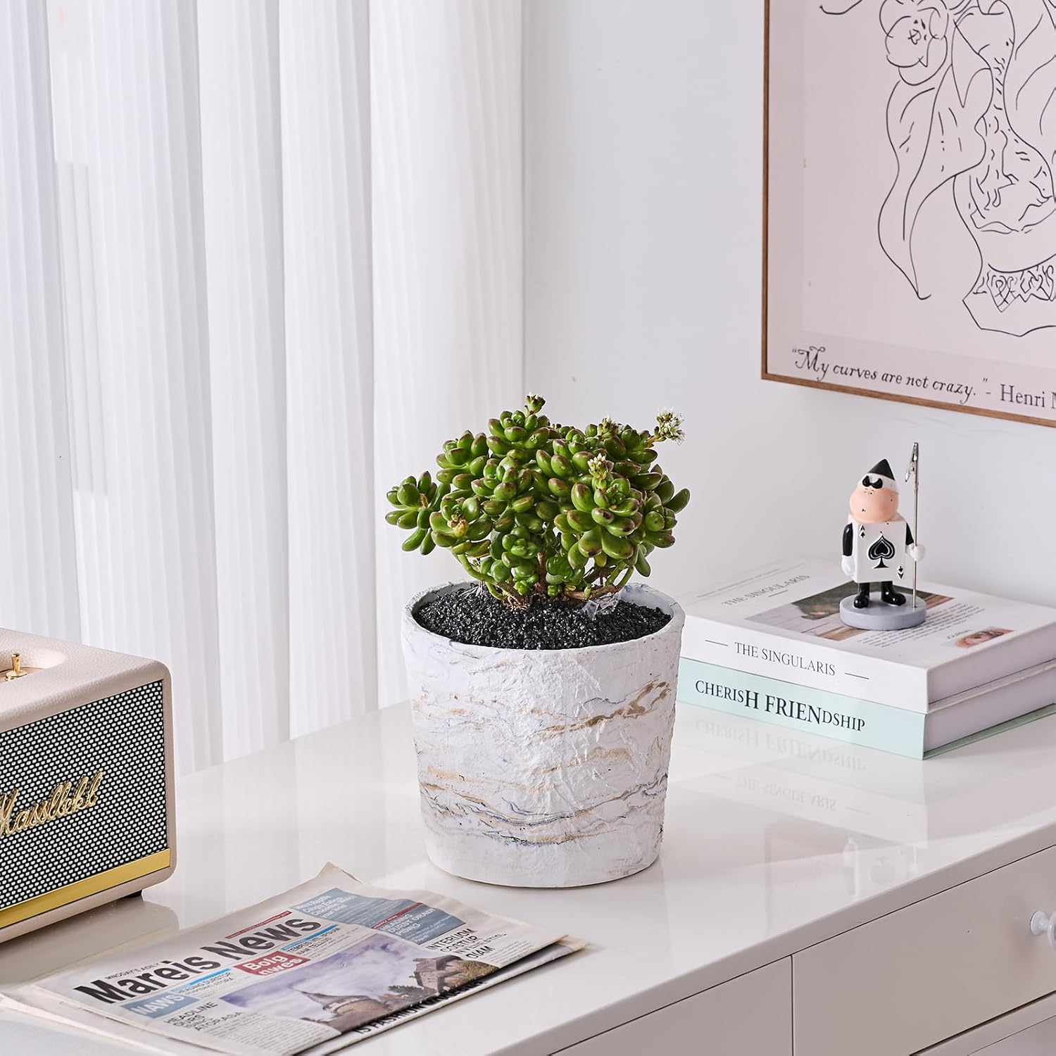 Ekirlin 7 Inch Natural Ore Textures Plant Pot, Resin Outdoor Planters with Drainage Hole, Removable Rubber Stopper and Non-Slip Soft Pad,Weatherproof Decorative Pot for Indoor/Garden Plants-VerdiqueGarden