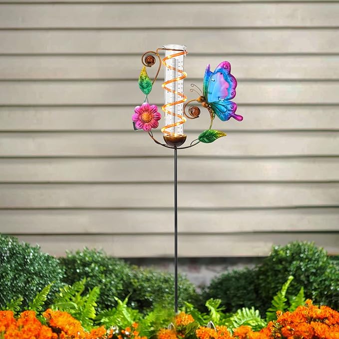 LEWIS&WAYNE 36.3” Butterfly Rain Gauge Outdoor, 7” Glass Tube Solar Powered 10 Warm White LEDs Garden Metal Stakes Decorative Waterproof for Yard Garden Patio Lawn-VerdiqueGarden