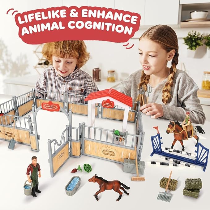 Horse Stable Playset, Horse Toys Set for Girls and Boys with Rider, Farm Animal Figurines Barn Toys, Pretend Play for Kids 3-5 6 7 8-10 Birthday Gifts-VerdiqueGarden