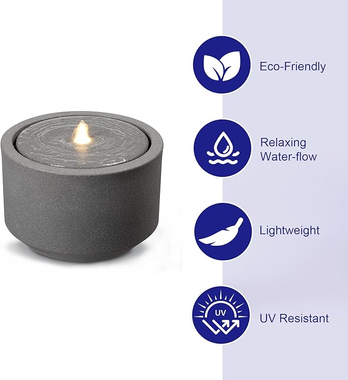 10.23” H Outdoor Water Fountain Made with Eco-Friendly Recyclable Materials, Polyethylene Round Bubbler Outdoor Fountain, Garden Decor with LED Light for Patio, Porch, Backyard-VerdiqueGarden