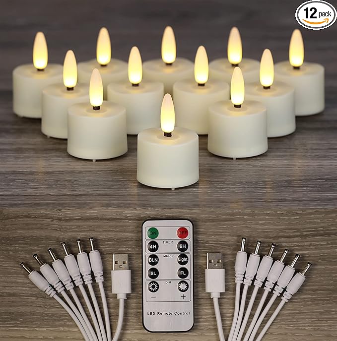 12 PCS 3D Wick Rechargeable Flameless Tealight Candles with Remote and Timer, Battery Operated Flickering LED Tea Lights, Durable & Lovely Fake Tea Candles, Ideal for Pumpkin/Bar/Party Decor-VerdiqueGarden