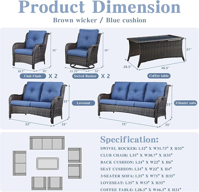 Outdoor Wicker Furniture Patio Set - 7 Piece Backyard Furniture Brown Rattan Conversation Sets with Swivel Rocker Chairs, Rattan Sofa, Club Chairs and Coffee Table, Blue Cushion-VerdiqueGarden