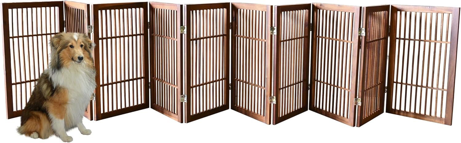 Pet Dog Gate Strong and Durable Freestanding Folding Acacia Hardwood Portable Wooden Fence Indoors or Outdoors by Urnporium (Brown Pet Gate, 10 Panel 30" Tall)-VerdiqueGarden