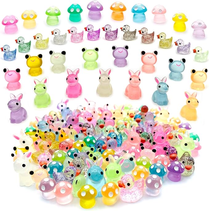 122Pcs Luminous Mini Resin Animal Figurines Glow in The Dark Cute Rabbits Frogs Mushrooms Glitter Ducks 4 Combination Miniature Figurines Set for Office Garden Decoration Aquarium Home Party Decor-VerdiqueGarden