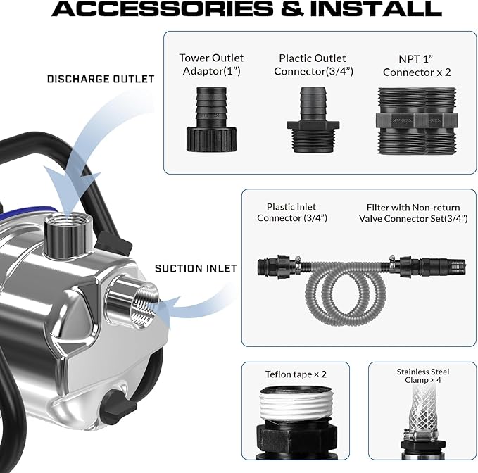 110V Electric Shallow Well Pump, 1.5HP 1532GPH 152FT Water Transfer Pump, Portable Stainless Steel Sprinkler Booster Jet Water Pumps for Garden Lawn Irrigation System-VerdiqueGarden