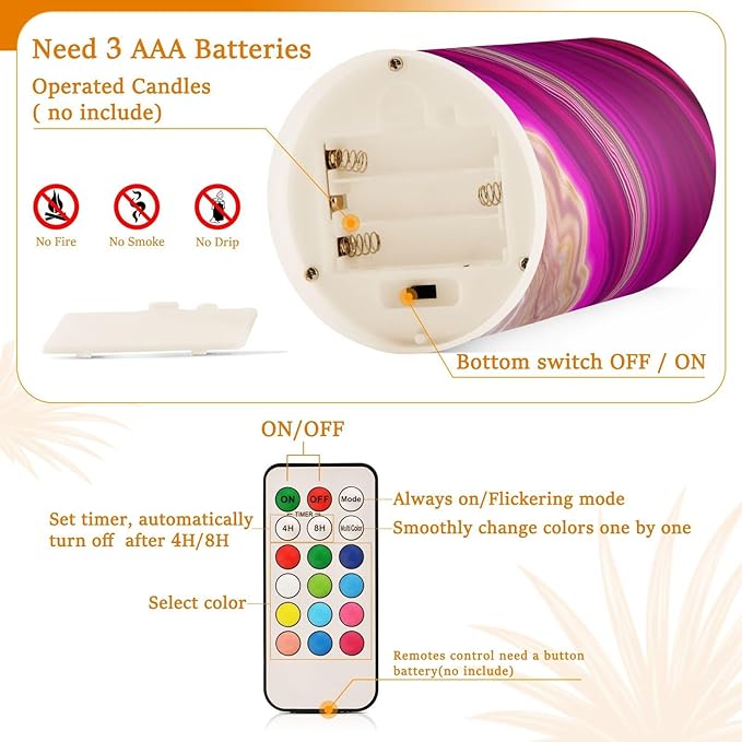 Flickering Flameless Candles, Fuchsia Gold Fluid Marble LED Candles with Remote Timer, Set of 2 Battery Operated Candle for Valentine Wedding Birthday-VerdiqueGarden