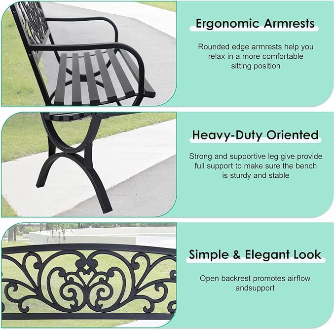 FDW Outdoor 50 Inches Garden Bench, Slatted Seat Armrests Floral Design Backres and Arch Legs, Perfect for Park, Yard, Porch, Lawn, Balcony, Backyard, Black-VerdiqueGarden