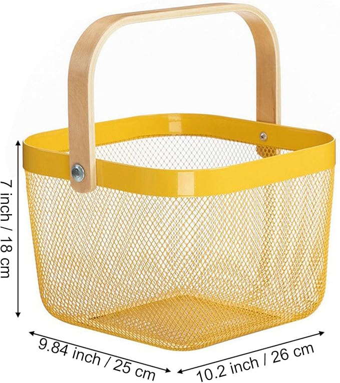 Metal Mesh Steel Basket, Storage Organizer Basket Multi-functional Hanging Kitchen Baskets Fruit Baskets with Wooden Handle for Kitchen Bathroom Picnic Shopping Decor Cabinet Home, Yellow-VerdiqueGarden