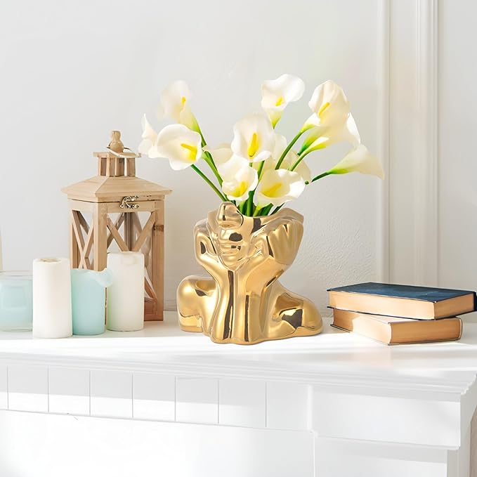 Gold Ceramic Human Face Decorative Vase - Shy Posture Modern Art Desktop Display for Bookshelf, Living Room, Office, Bedroom-VerdiqueGarden