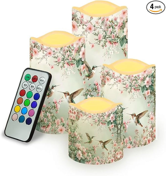 Ystardream Floral Hummingbird Flameless LED Candles Electric Candle Set with Remote Timer Color Changing Control Long Lasting for Table Centerpiece Home Indoor Decoration Pack of 4 Set-VerdiqueGarden