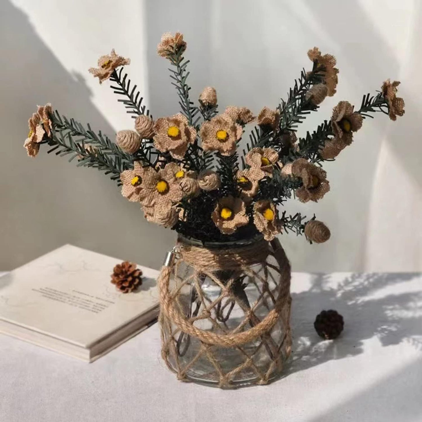 Rustic Hanging Mason Nautical Jar Creative Rope Net Dry Flower Glass Vase with Handle 6.5 Inch-VerdiqueGarden