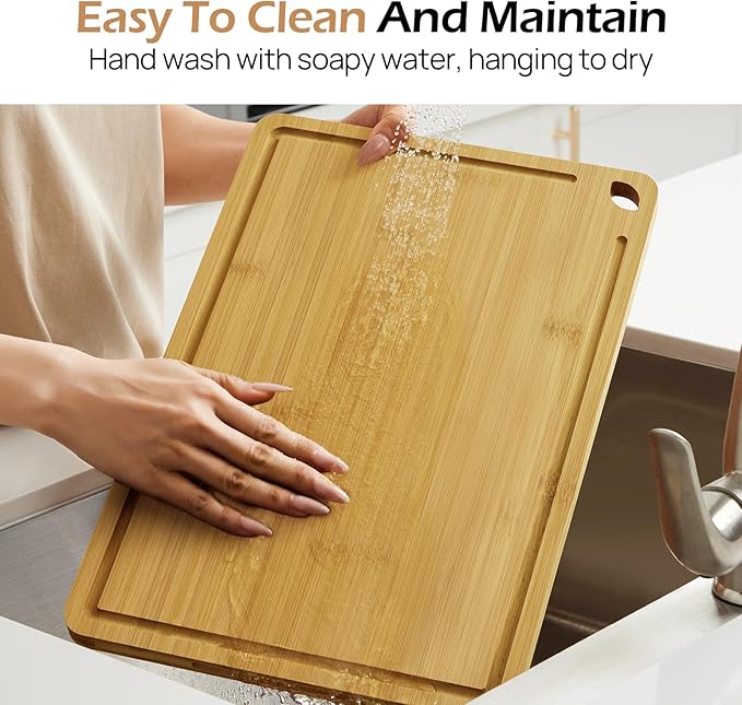 Wood Cutting Board for Kitchen - Reversible Bamboo Cutting Boards Gift Set of 3 with Juice Groove, Wooden Chopping Board for Meat, Fruit, Vegetables & Cheese (Pre Oiled, Natural)-VerdiqueGarden
