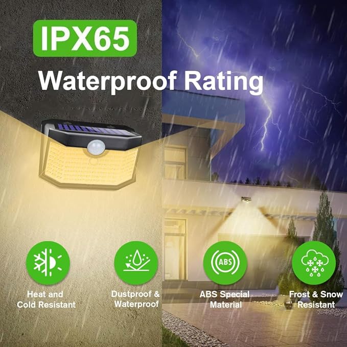 HMCITY 120 LED Outdoor Solar Lights- with Motion Sensor and 3 Lighting Modes, IP65 Waterproof Wide Solar Wall Lights Ideal for Garden Patio Yard (Front Button 6Packs, Warm White)-VerdiqueGarden