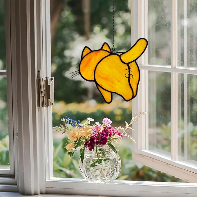 Orange Cat Decor Stained Glass Suncatcher for Window,Funny Cat Gifts for Cat Lovers Stained Glass Window Hanging,Cat Themed Gifts Cat Lovers Gifts for Women Girls Friends Mom-VerdiqueGarden