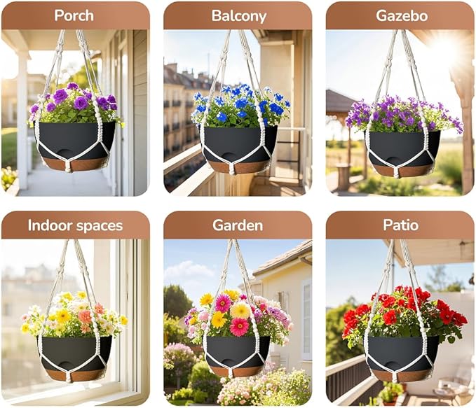 12 Inch Hanging Baskets for Plants Outdoor, Hanging Planters for Indoor Outdoor Plants, Hanging Planter with Self Watering, Hanging Flower Pots (Black Planter with Macrame + Iron Hangers)-VerdiqueGarden