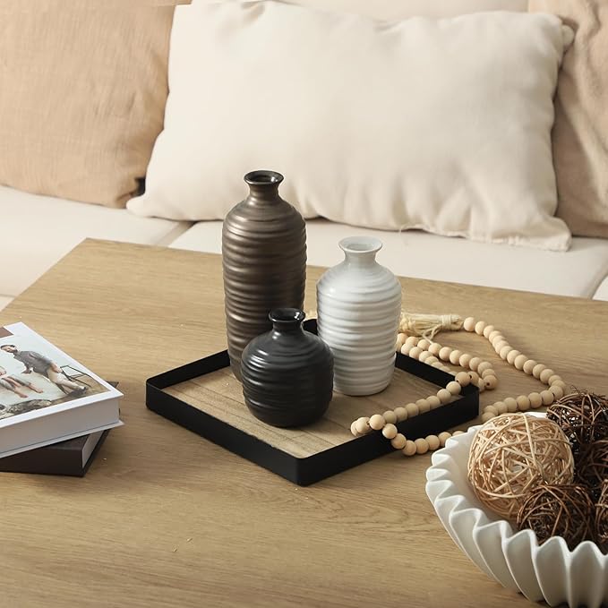 Ceramic Vase Set of 3 Neutral Decorative Vase for Farmhouse, Boho, or Rustic Home Decor Pottery Vases for Living Room Bathroom Table Mantel Fireplace Entryway Shelf (01-Metallic)-VerdiqueGarden