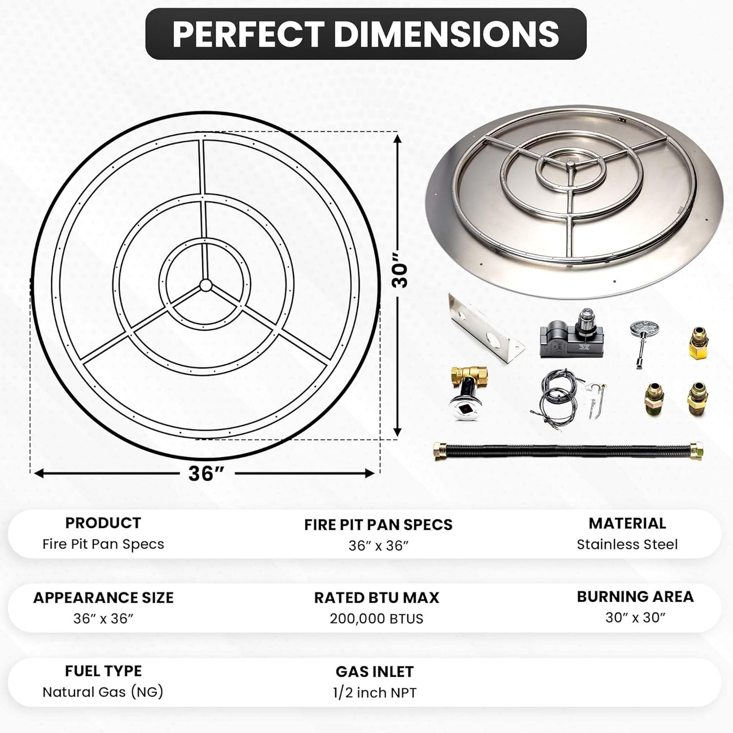 Stainless Steel Fire Pit Burner Pan & Ring Standard Kit with Spark Ignition for Natural Gas, 36-Inch Pan, 30-Inch Ring, 200,000 BTU Max-VerdiqueGarden