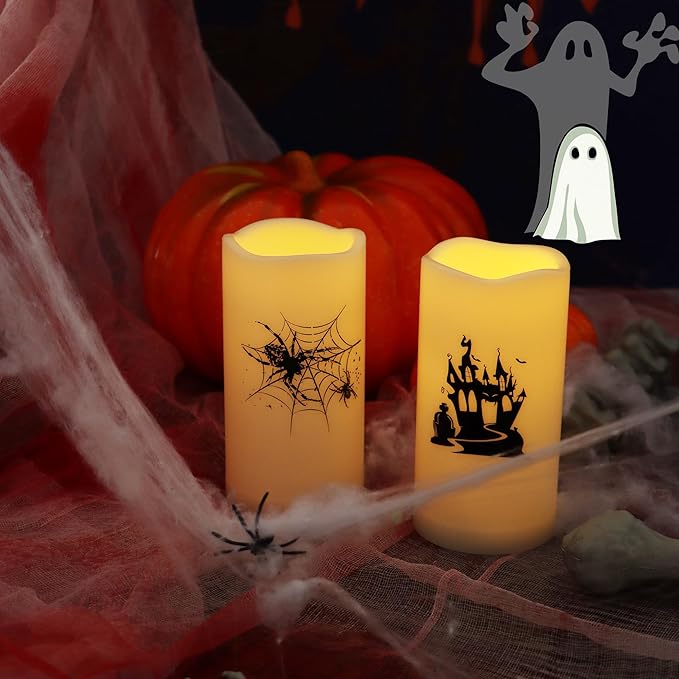 Halloween Outdoor Battery Operated Flameless Pillar Candles with Auto Daily Timer Waterproof Realistic Flickering Electric LED Lights with Spider Castle Decals Halloween Decorations 2 Pack 3X6”-VerdiqueGarden