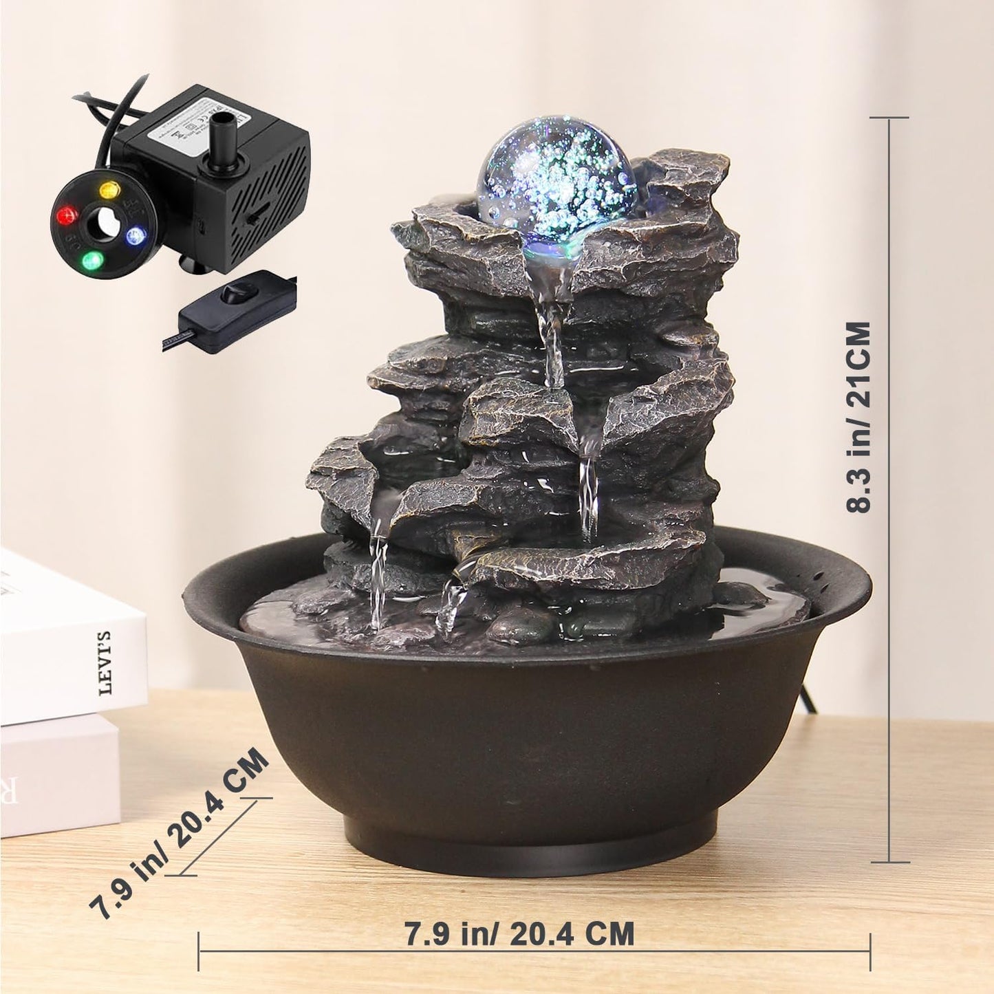Rock Cascading Tabletop Fountain with Spinning Ball, Zen Meditation Indoor Waterfall Feature with LED Light for Home Office Bedroom-VerdiqueGarden