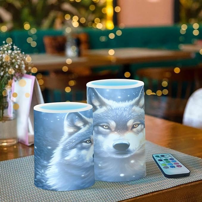 Flickering Flameless Candles, Wolf Snowy LED Candles with Remote Timer, Set of 2 Battery Operated Candle for Valentine Wedding Birthday-VerdiqueGarden