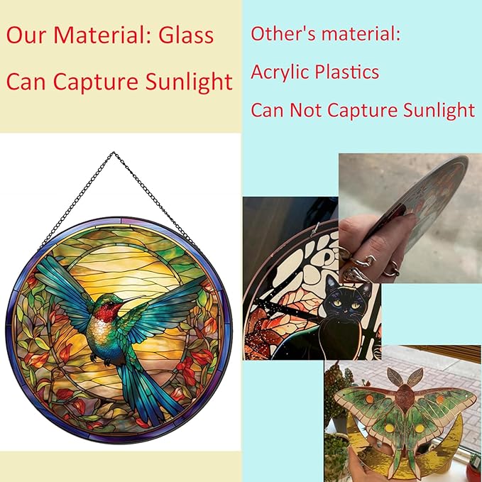Hummingbirds Pattern Stained Glass Suncatchers for Windows,Hanging Stained Glass Suncatcher,20cm/7.87inch Hand-Painted Sun Catcher Garden Hangings Painted Glass Panel Decor Themed Gift-VerdiqueGarden