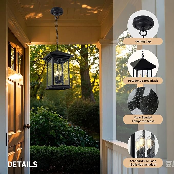 Classic Outdoor Hanging Lantern – Weather-Resistant, Stylish, Matte Black Finish, Clear Seeded Glass and Functional, Extra Large Size-VerdiqueGarden