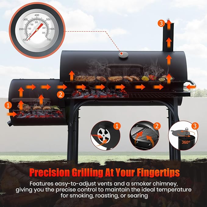 Charcoal Grill Offset Smoker: Charcoal Barbecue Grills with Spacious Cooking Area | Barrel BBQ Grill and Smokers Combo for Outdoor Patio Backyard Camping and Parties-VerdiqueGarden