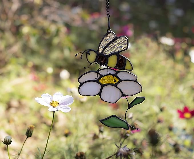 Bee Suncatcher Flower Stained Glass Window Hangings, Bee Decor Party Birthday Bee Gifts for Women,Bee Lovers, Housewarming Gifts.-VerdiqueGarden