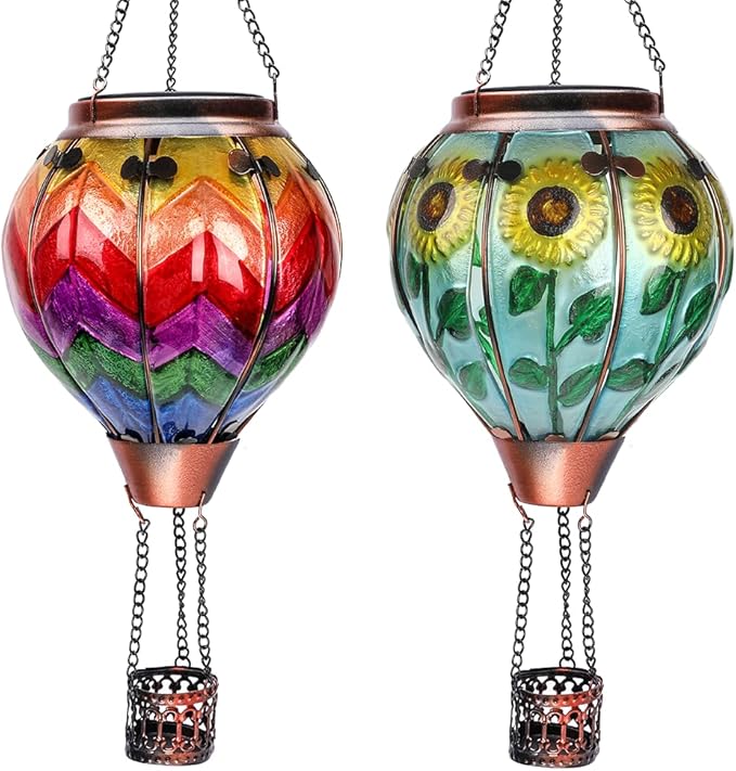 Hot Air Balloon Solar Lantern with Flickering Flame Hanging Solar Lanterns Outdoor Lights Waterproof Lanterns Decorative Garden Patio Yard Party Decor Wavy-Colorful + Sunflower-VerdiqueGarden
