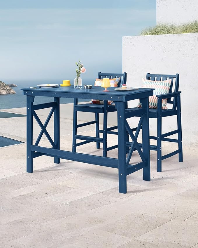 3 Pieces HDPE Outdoor Patio Bar Set, Rectangular Outdoor Bar Height Table and Chairs Set, Adirondack Patio Bar Stools Set, Outdoor Bar Table and Chairs Set for Balcony, Poolside, Porch, Navy-VerdiqueGarden