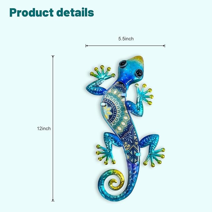 HONGLAND Metal Gecko Wall Art 2Pcs Outdoor Wall Decor Lizard Metal Hanging Wall Decoration Glass Sculpture for Garden Yard Patio Fence Home (Blue)-VerdiqueGarden