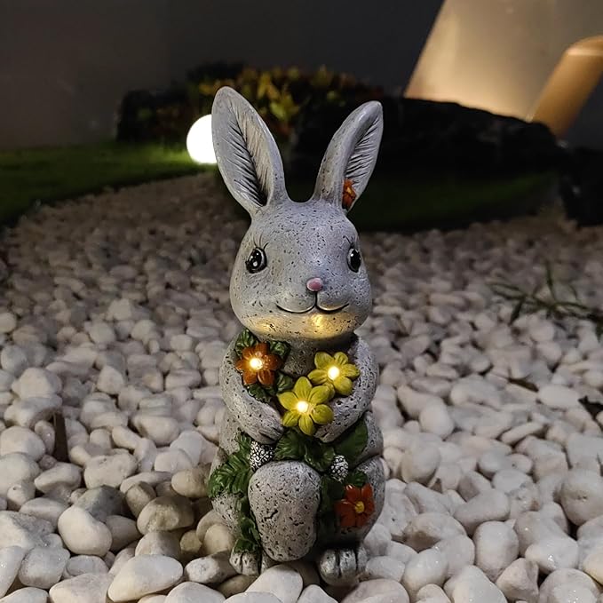 Solar Easter Rabbit Statue - Rock-Like Design with Flower Lamp Beads Woman Gifts Resin Easter Bunny Sculpture for Indoor and Outdoor Statue Decor, Garden Decoration-VerdiqueGarden