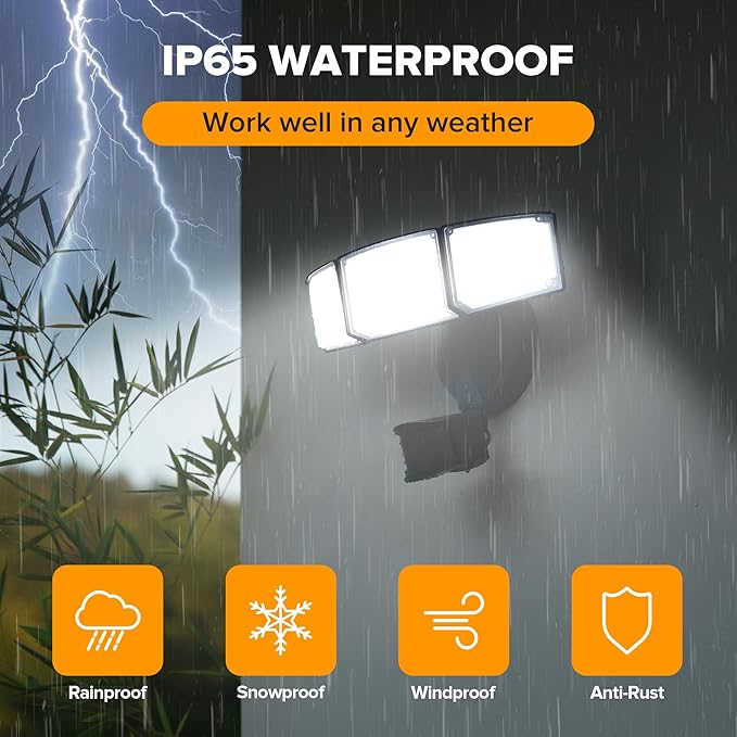 UME 2 Pack 5500LM LED Security Lights Motion Sensor Light Outdoor, 49W, 5000K Daylight, IP65 Waterproof, Dusk to Dawn, 3 Head Motion Detected Flood Light for Garage, Yard, Porch (Black)-VerdiqueGarden