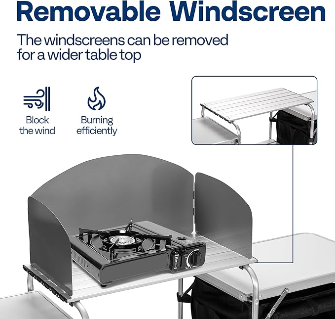 VIVOHOME Folding Camping Kitchen Station Table with Storage Organizer, 2 Side Tables, Stainless Steel Windscreen, Outdoor Portable Cook Station for BBQ, Picnics-VerdiqueGarden