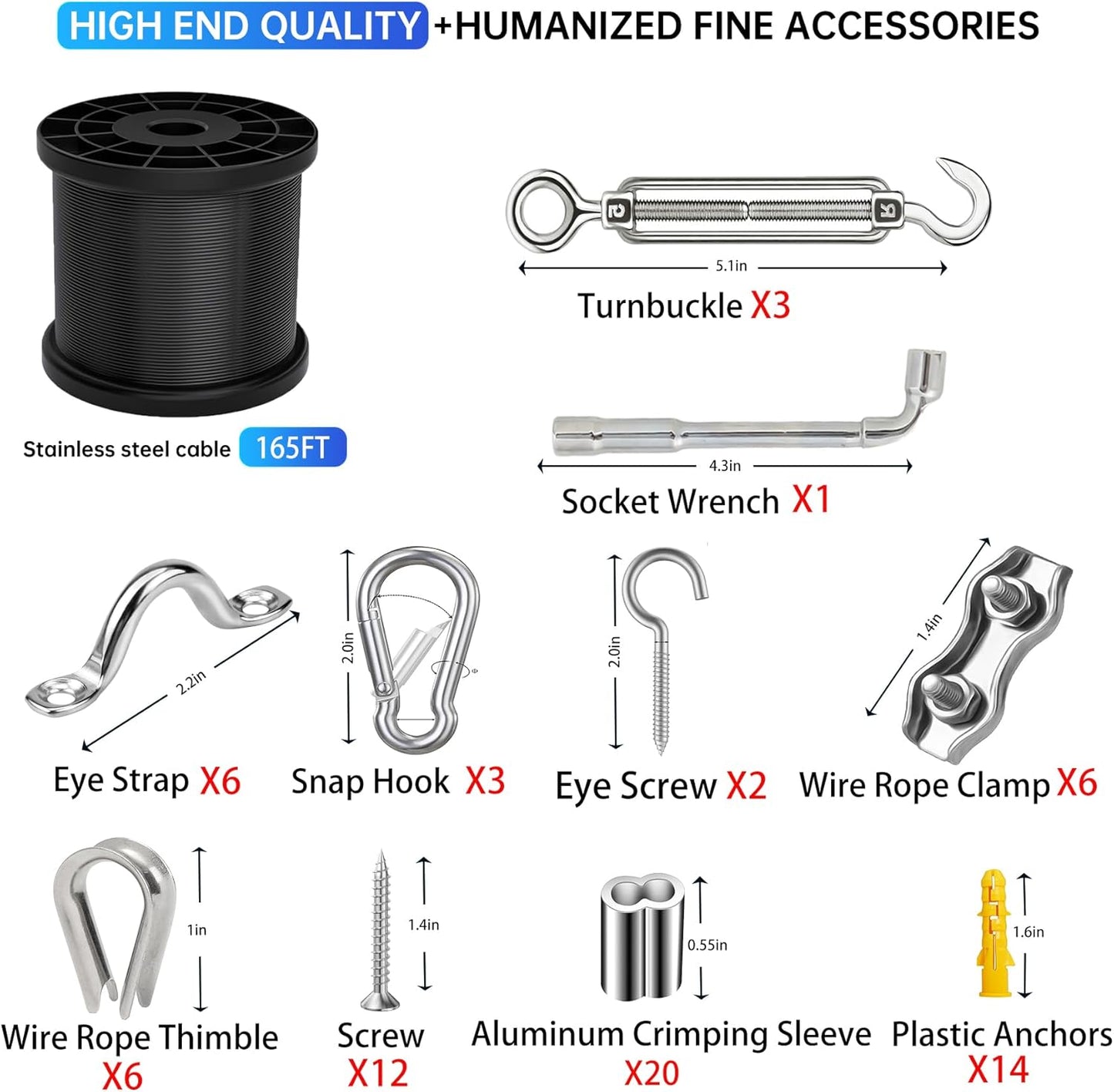 164FT Black Vinyl-Coated 304 Stainless Steel Cable – Heavy Duty String Lights Hanging Kit with Turnbuckle, Thimble & Hooks for Outdoor, Patio, Garden, Christmas Lights-VerdiqueGarden