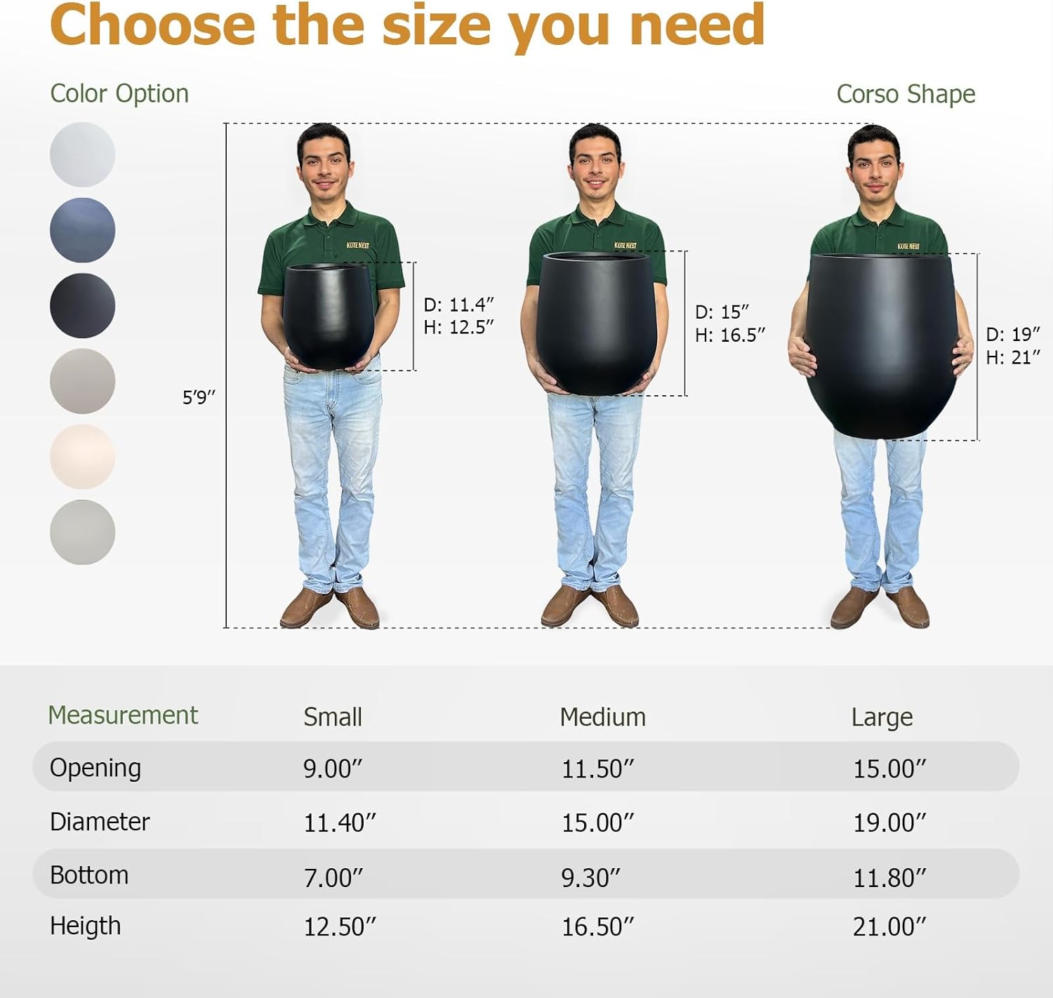 21" H x 19" D Corso Fiberstone Round Planter with Drainage Hole, Smooth Finishes, Weather Resistant for Indoor and Outdoor Use, Included 2 Extra Coco Mats (Black, 15" Pot Opening)-VerdiqueGarden