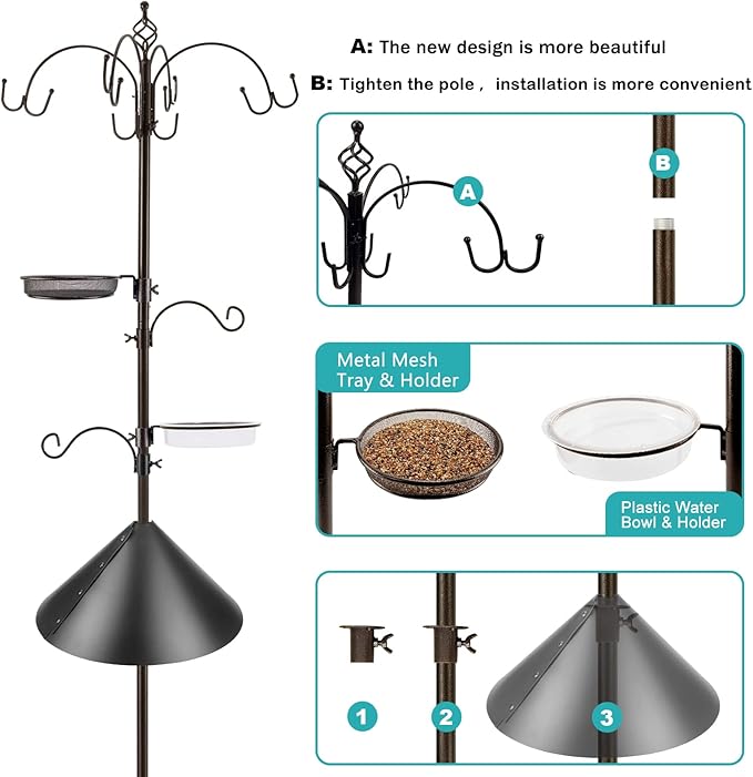 Bird Feeding Station Kit Bird Feeder Pole Wild Bird Feeder Kit with Squirrel Baffle and Suet Cage Mesh Tray Fruit Hook Double W Hook for Attracting Wild Birds-VerdiqueGarden