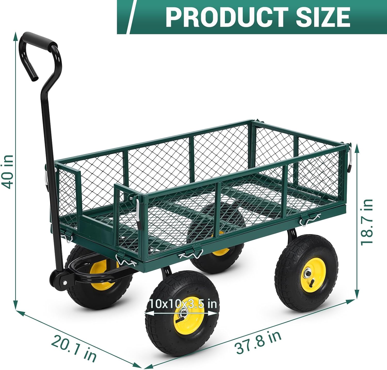 Steel Garden Cart on Wheels, 880LBS Pullable Metal Garden Wagon, 180° Rotating Handle and Removable Sides for Outdoor, Farm, Yard, Beach-VerdiqueGarden