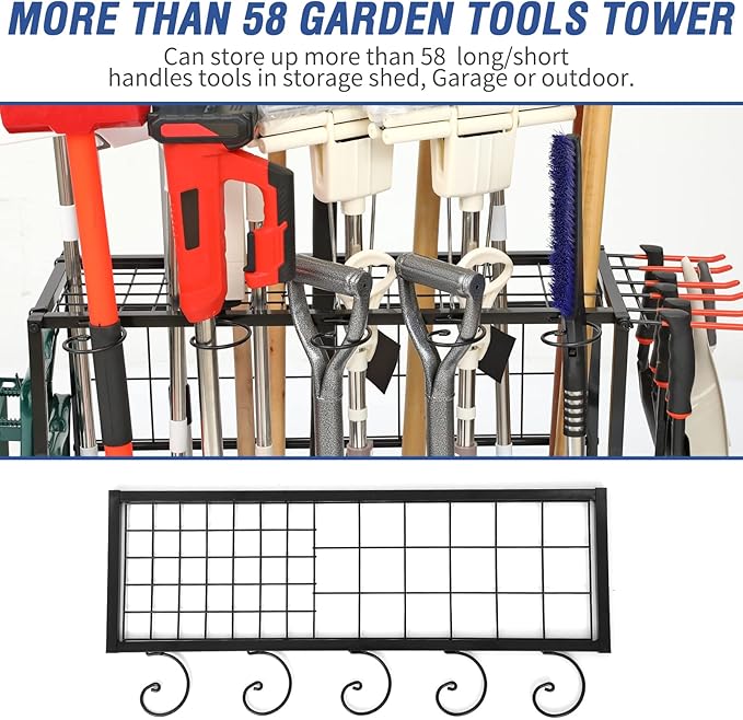 Garden Tool Organizer for Garage, Garden Tool Rack, Up to 58 Long Handled Tools, Yard Tool Holder for Garage, Shed, Outdoor, Tool Stand, Black (Garden Tool Rack)-VerdiqueGarden