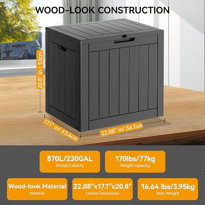 KAMABOKO Deck Box, 32 Gallon Resin Indoor and Outdoor Storage Boxes Waterproof for Garden Tools, Pool Accessories Storage Bench, Patio Furniture and Cushions with Lockable Lid, Black-VerdiqueGarden