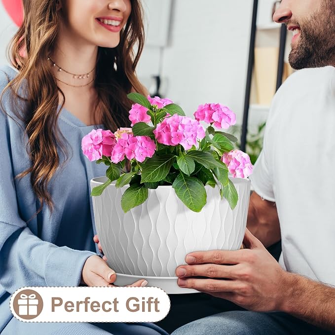 12 Inch Large Plant Pots for Indoor or Outdoor Plants, Wide Water Ripples Flower Pots with Drainage Holes & Saucer, Plastic Planters Set for Garden & Home Decor (White)-VerdiqueGarden