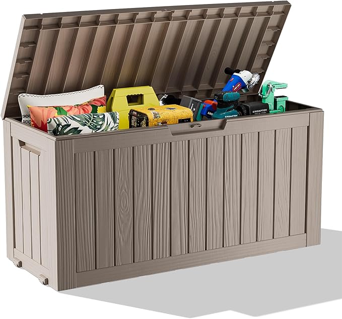 75 Gallon Resin Deck Box, Lockable Outdoor Storage Box for Patio Cushions Storage Furniture,Garden Tools, Pool Supplies, Weatherproof and UV Resistant (Grey)-VerdiqueGarden