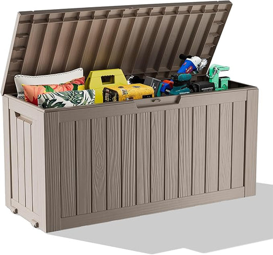 75 Gallon Resin Deck Box, Lockable Outdoor Storage Box for Patio Cushions Storage Furniture,Garden Tools, Pool Supplies, Weatherproof and UV Resistant (Grey)-VerdiqueGarden