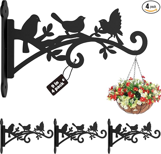 4 Pack Wall Plant Hanger,9 in Heavy Duty Hanging Plant Bracket,Metal Plant Hooks for Outdoor or Indo or Hanging Flower Baskets,Solar Lanterns,Bird Feeder-VerdiqueGarden