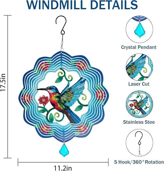 Hummingbird Metal Wind Spinners - 12 Inch Hanging Metal Wind Spinner for Outdoor & Indoor Decor, Hummingbird Kinetic Sculpture for Christmas Ornament Gifts, Yard Art and Garden Decorations-VerdiqueGarden