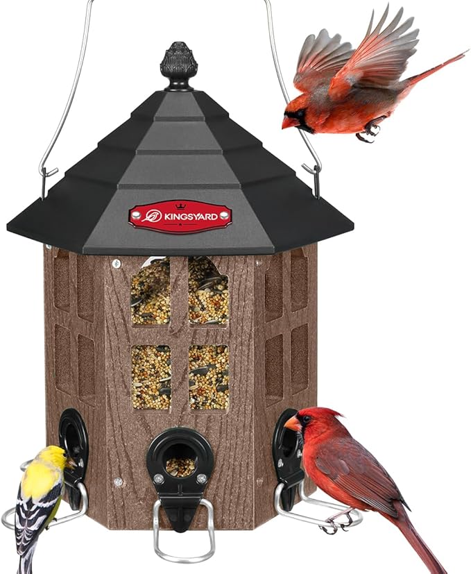 Kingsyard Wild Bird Feeder for Outdoor Hanging, Recycled Plastic Bird Feeders with 6 Ports & U-Shape Perch, Garden Yard Outside Decoration, 3.5 lbs Seed Capacity, Brown-VerdiqueGarden