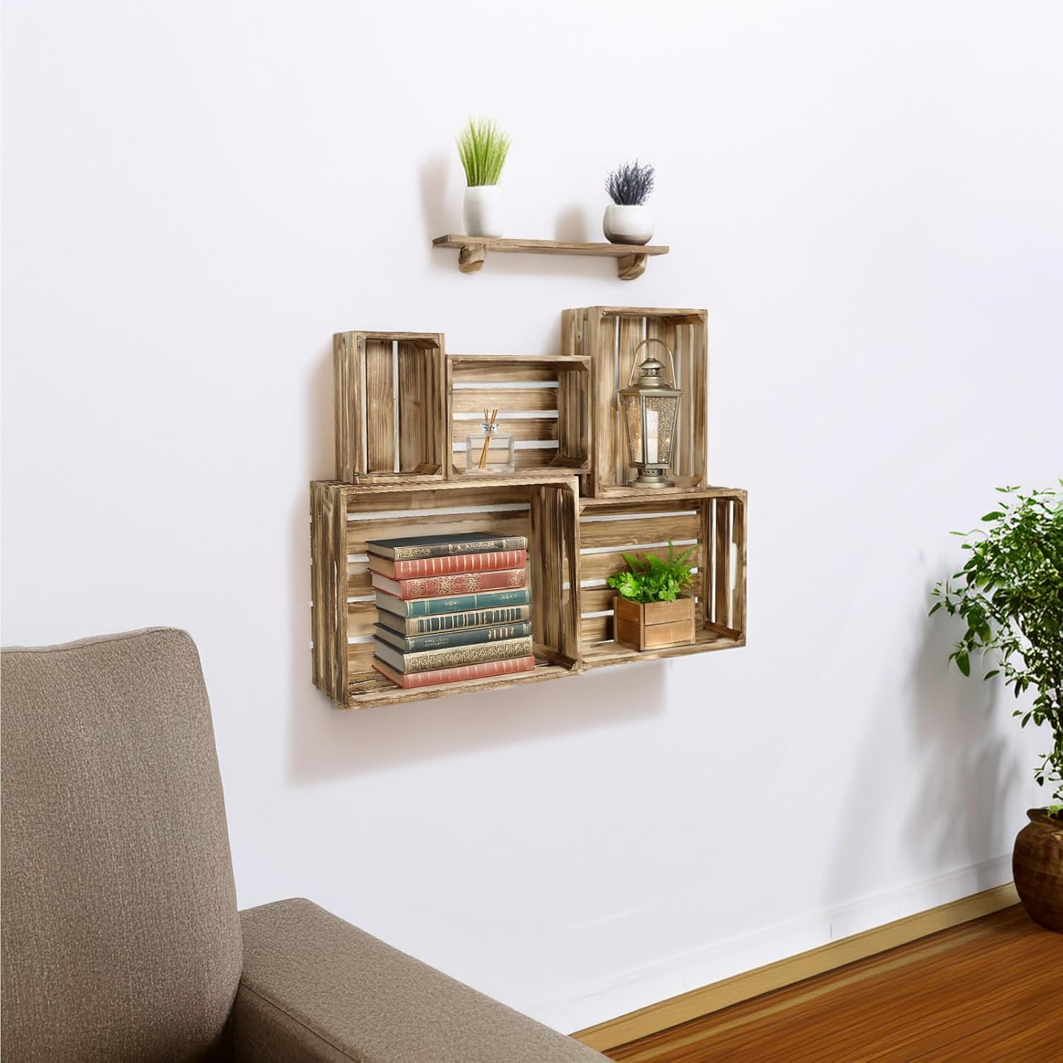 5-Piece Farmhouse Wooden Crate Set - Rustic Wooden Crates for Display and Storage, Large Torched Decorative Crates, Farmhouse Apple Crates, Painted Wood Crates for Decor-VerdiqueGarden